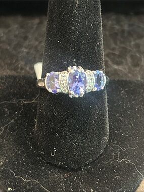 Sterling Silver Blue Violet Stone Three-Stone Ring - size 10
